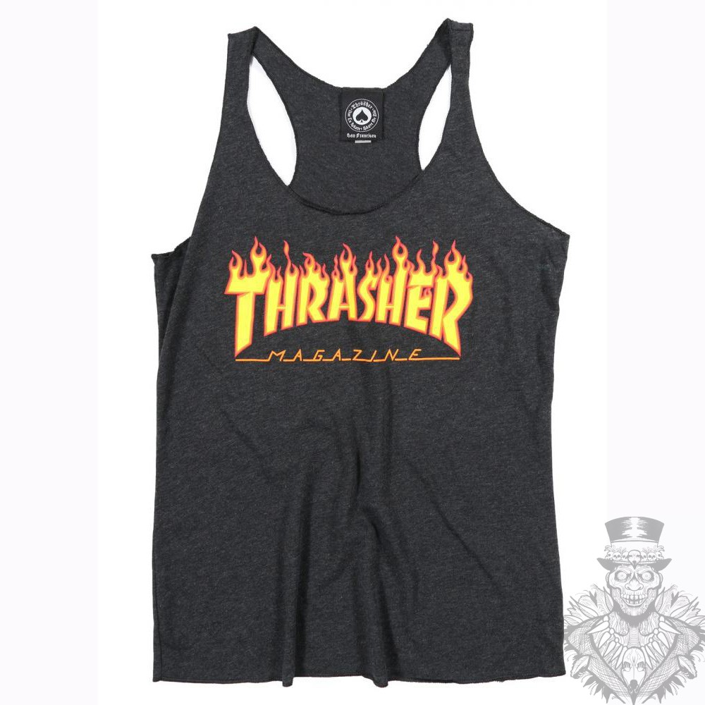 Thrasher Girls Vest - Black, Flame Logo - Sk8 or Die